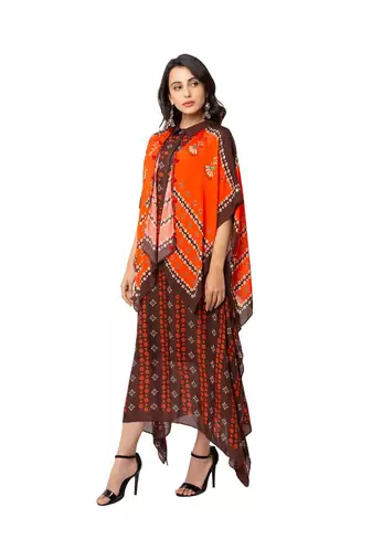 Rust Orange Dress With Coffee Brown Kaftan Jacket
