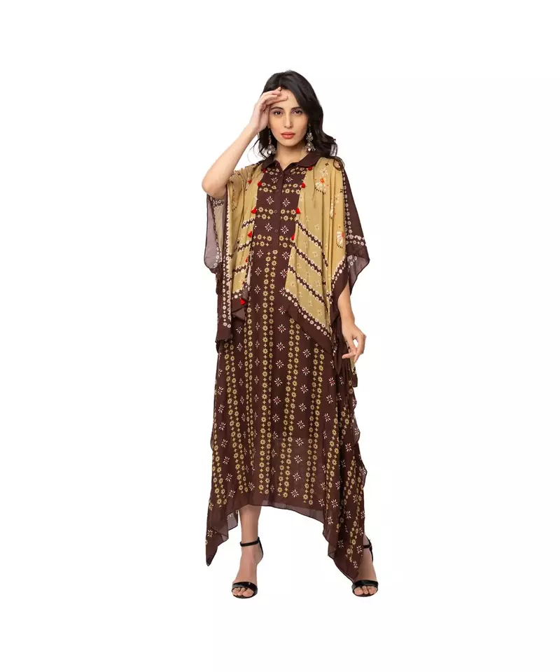 asyemtrical dress is paired with kaftaan jacket