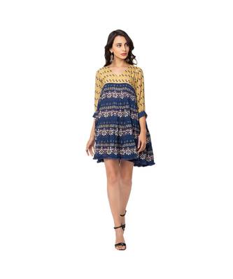 Blue Cotton Silk Printed Dress 1
