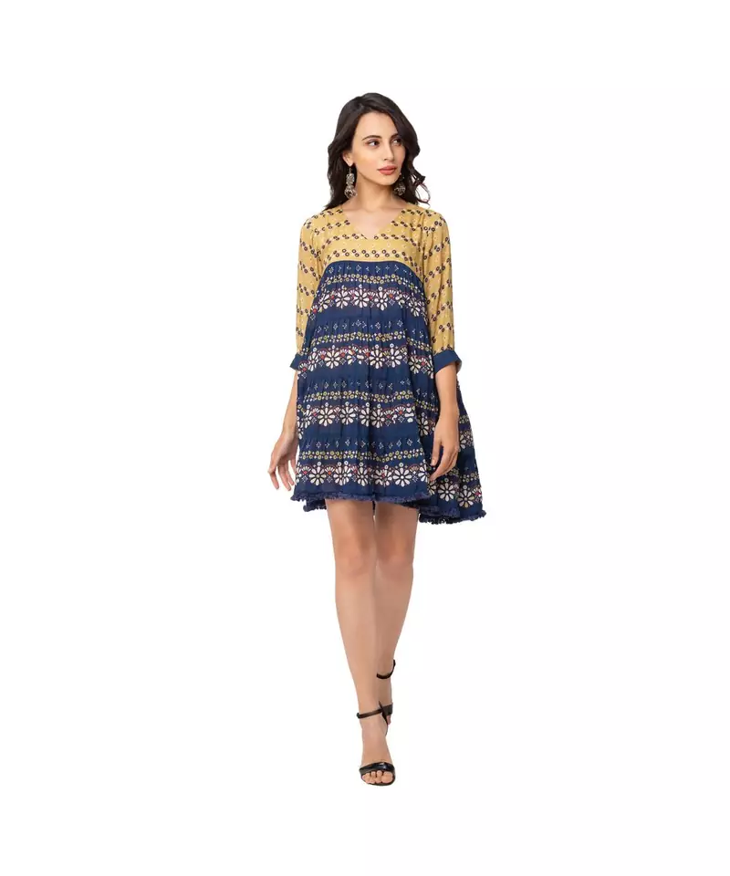 printed rushed short dress with v neck