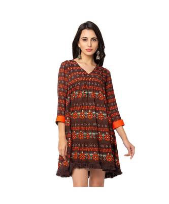 Brown Cotton Silk Printed Dress 3
