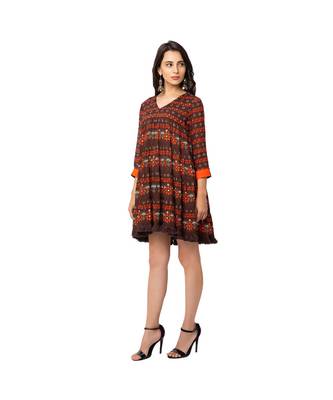 Brown Cotton Silk Printed Dress 1