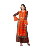 kurta with gatheres at waist having metal belt detail and bell sleeves is paired with printed flared pants