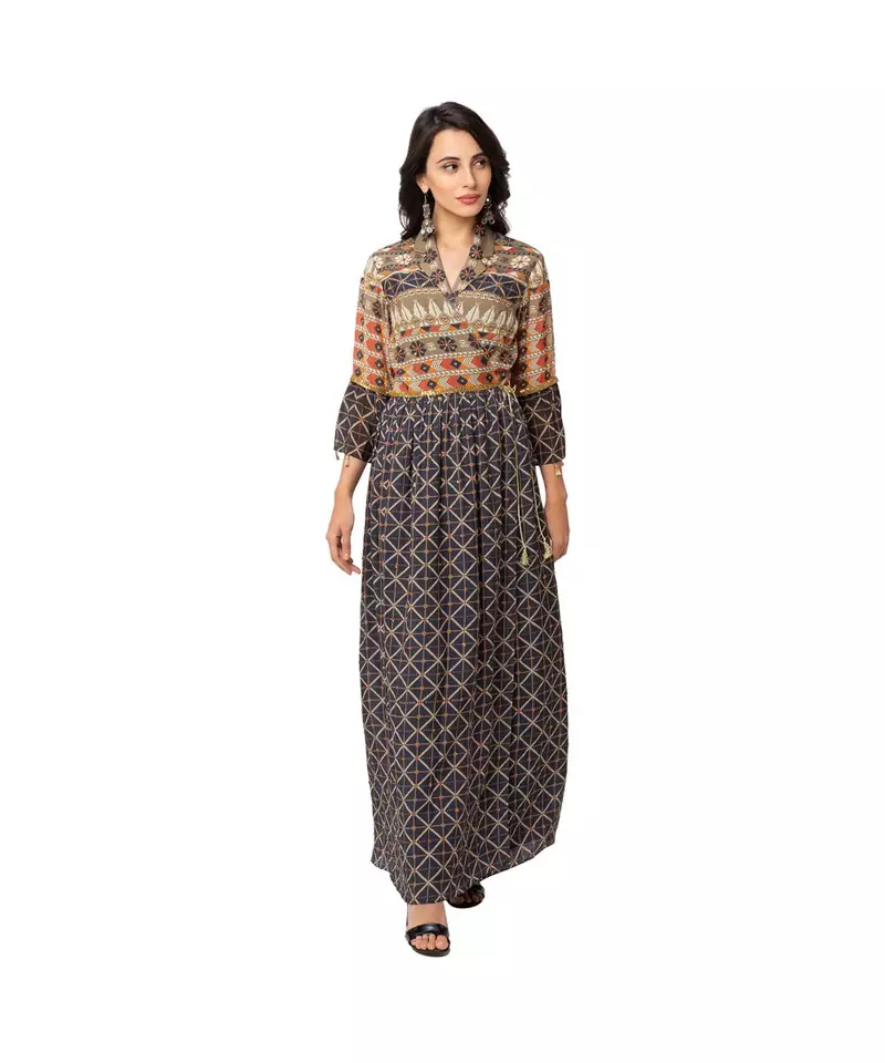 printed wrap dress with overlap tie up