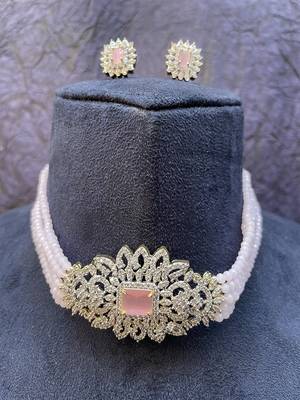 Baby Pink Classy American Diamonds Choker Necklace 2