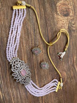 Baby Pink Classy American Diamonds Choker Necklace 3