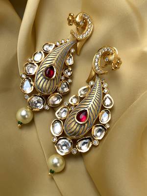 Antique Gold Plated Pearl Drop Blue Kundan Earrings 1