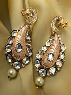 Antique Gold Plated Pearl Drop Pink Kundan Earrings 1
