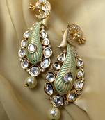 Antique Gold Plated Pearl Drop Green Kundan Earrings