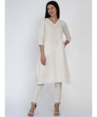 women off white cotton flex V neck kurta with lace and front pockets 1