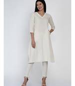 women off white cotton flex V neck kurta with lace and front pockets