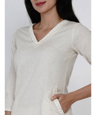women off white cotton flex V neck kurta with lace and front pockets 2