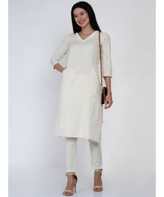 women off white cotton flex V neck kurta with lace and front pockets 6