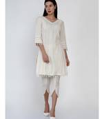 women set of off white cotton flex kurta with lace work on princess seam, tiered sleeves with co-ordinated petal pants