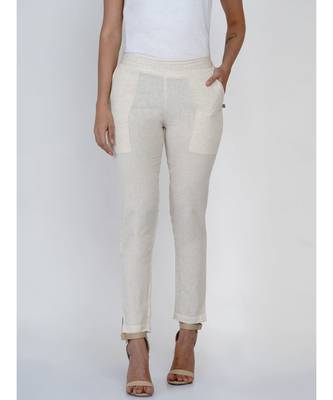 women off white cotton flex basic pant with pockets 1