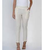 women off white cotton flex basic pant with pockets