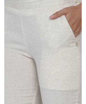 women off white cotton flex basic pant with pockets 2