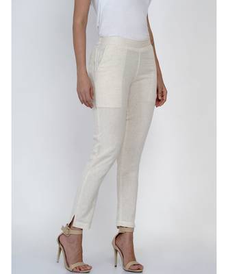 women off white cotton flex basic pant with pockets 3