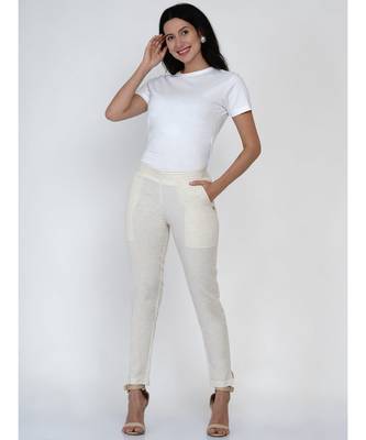 women off white cotton flex basic pant with pockets 6