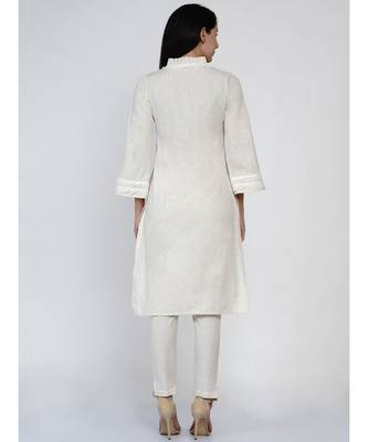 women off white cotton flex high low kurta with pleats and lace work at neck and sleeve hem 3