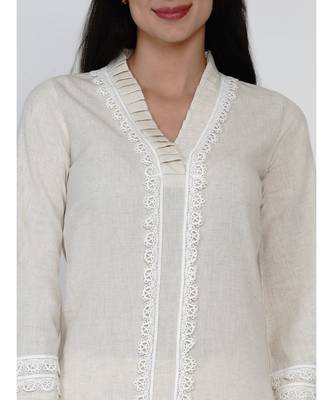 women off white cotton flex high low kurta with pleats and lace work at neck and sleeve hem 6