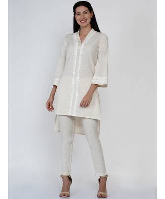 women set of off white cotton flex high low kurta with pleats and lace work with co-ordinated pants 1