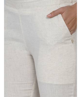 women set of off white cotton flex high low kurta with pleats and lace work with co-ordinated pants 7