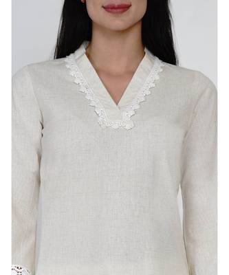 women off white cotton flex v neck kurta with lace work on neck and sleeve hem 6