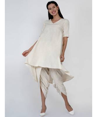 women set of off white cotton flex assymetric hem flared kurta with lace work and gathered dhoti pants 1