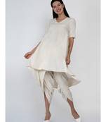 women set of off white cotton flex assymetric hem flared kurta with lace work and gathered dhoti pants