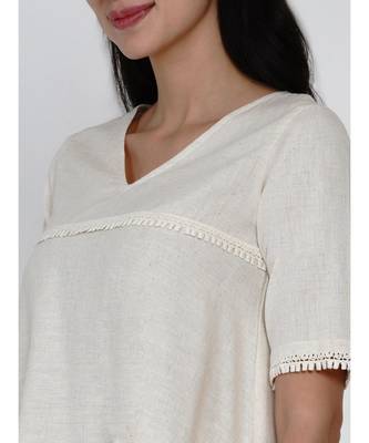 women set of off white cotton flex assymetric hem flared kurta with lace work and gathered dhoti pants 2
