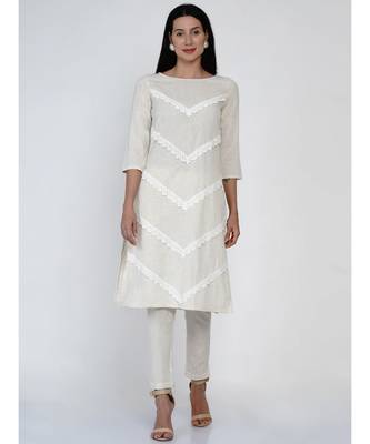 women off white cotton flex a line kurta with lace work 1