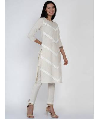 women off white cotton flex a line kurta with lace work 3