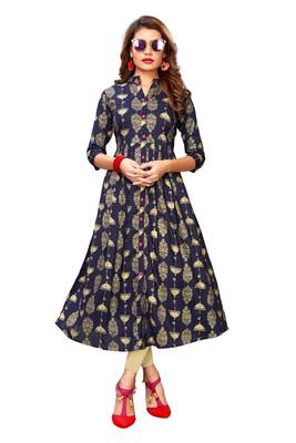 Rayon Gold Printed A line Navy Blue Stylesh kurti 1