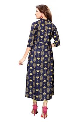 Rayon Gold Printed A line Navy Blue Stylesh kurti 2