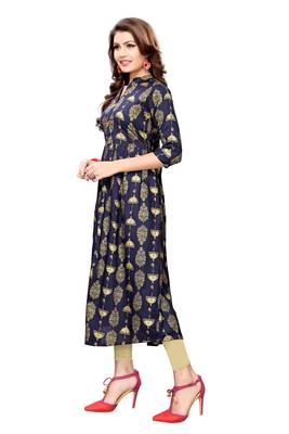 Rayon Gold Printed A line Navy Blue Stylesh kurti 3
