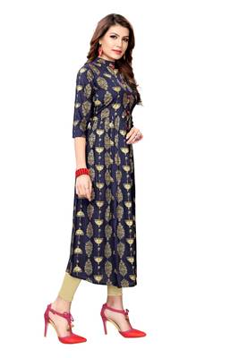 Rayon Gold Printed A line Navy Blue Stylesh kurti 4