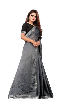 Grey plain silk saree with blouse 3