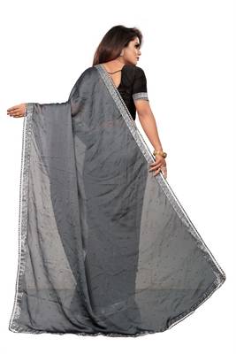 Grey plain silk saree with blouse 4