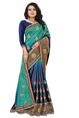 Blue embroidered silk saree with blouse 1