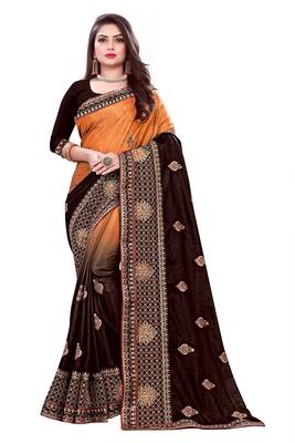 Coral embroidered silk saree with blouse 1
