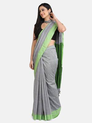 Grey Melange Plain Work Khadi Cotton Handloom Saree With Blouse 1
