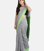 Grey Melange Plain Work Khadi Cotton Handloom Saree With Blouse