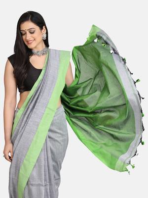 Grey Melange Plain Work Khadi Cotton Handloom Saree With Blouse 3