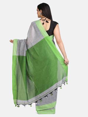 Grey Melange Plain Work Khadi Cotton Handloom Saree With Blouse 4