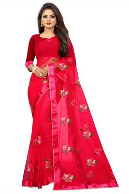 New Designer Red Pure Mono Net Embroidery Saree With Blouse 1