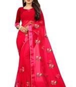 New Designer Red Pure Mono Net Embroidery Saree With Blouse