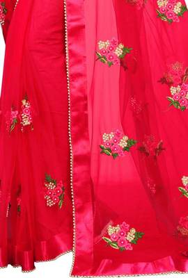 New Designer Red Pure Mono Net Embroidery Saree With Blouse 2