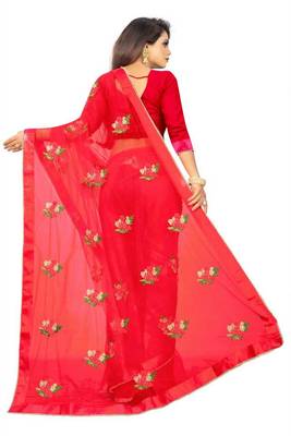 New Designer Red Pure Mono Net Embroidery Saree With Blouse 3