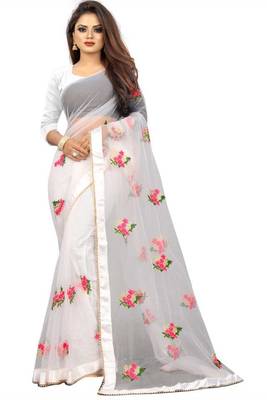 Designer white Pure Mono Net Embroidery Saree With Blouse 1